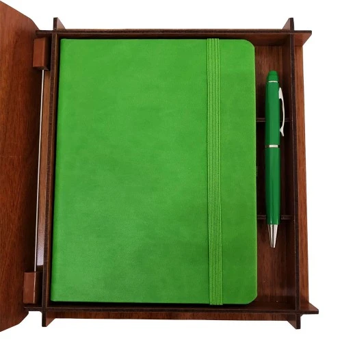 Dekoratif Yeşil Deri Kaplama Defter Ahşap Kutulu Hediyelik Vip Set - 2