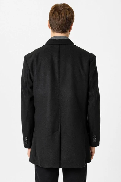 Süvari Rahat Kalıp Düz Sivri Yaka Siyah Erkek Kaban - 5