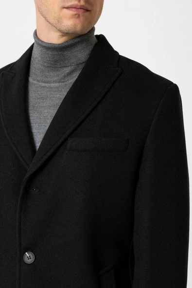 Süvari Rahat Kalıp Düz Sivri Yaka Siyah Erkek Kaban - 6