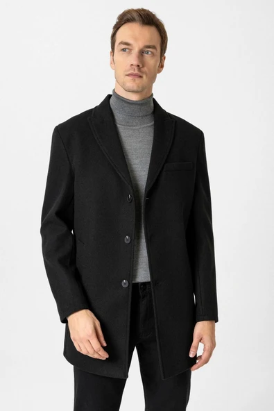 Süvari Rahat Kalıp Düz Sivri Yaka Siyah Erkek Kaban - 3