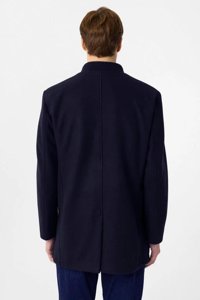 Süvari Hakim Yaka Battal Kalıp Lacivert Düz Kaban - 3