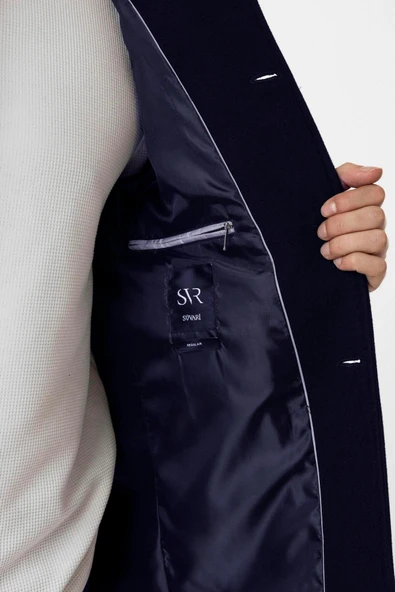 Süvari Hakim Yaka Battal Kalıp Lacivert Düz Kaban - 5