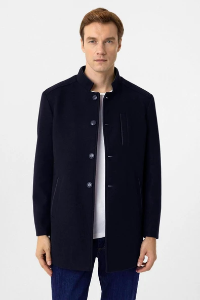 Süvari Hakim Yaka Battal Kalıp Lacivert Düz Kaban - 2