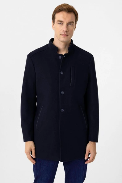 Süvari Hakim Yaka Battal Kalıp Lacivert Düz Kaban - 4