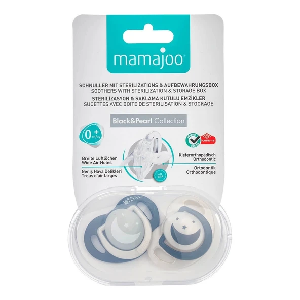 Mamajoo Sterilizasyon & Saklama Kutulu Black & Pearl Desenli İkili Ortodontik Emzik Gece & Gündüz / 0 Ay+ - 7