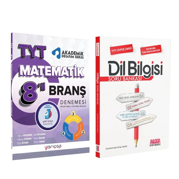 YarıÇap Yayınları TYT Matematik 8 li Branş Denemesi ve AKM Dil Bilgisi Soru Bankası Seti 2 Kitap