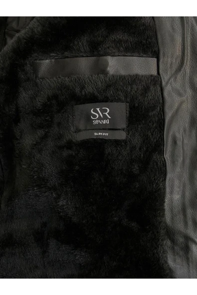 Süvari Slim Fit Çıkma Yaka Deri İçi Kürklü Siyah Erkek Mont - 2