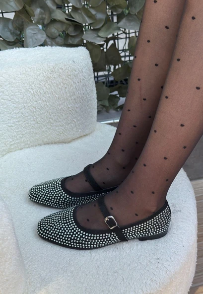 Elise Siyah Süet Gümüş Boncuk İşlemeli Babet Ayakkabı - Resim 3