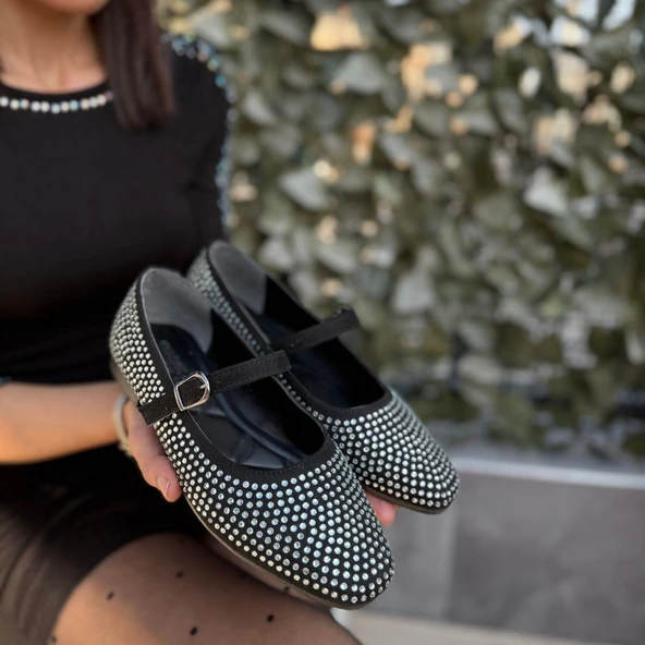 Elise Siyah Süet Gümüş Boncuk İşlemeli Babet Ayakkabı - Resim 4