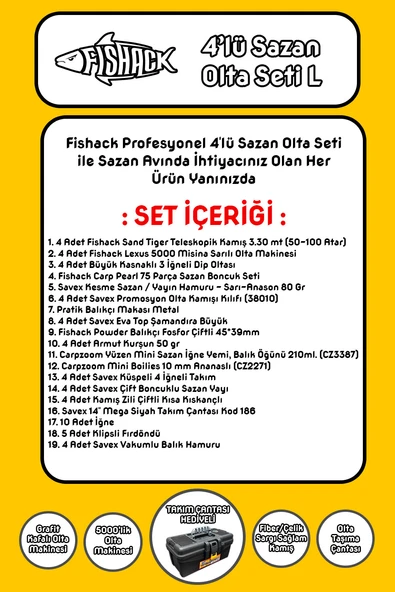 Fishack 4'lü Sazan Olta Seti L - 3.30MT/50-100GR - 2