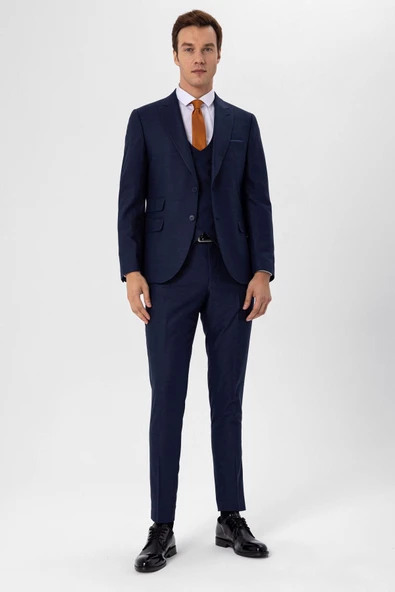 Slimfit Armürlü Yelekli Takım Elbise