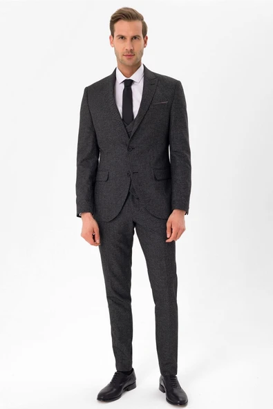 Slimfit Armürlü Yelekli Takım Elbise