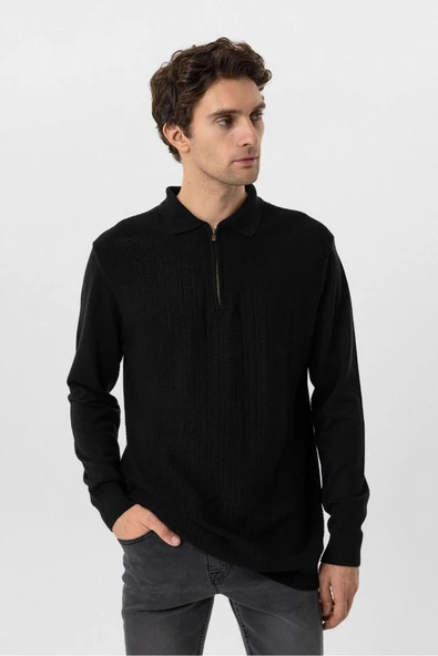 Süvari Rahat Kalıp Fermuarlı Armür Desenli Siyah Triko - 2