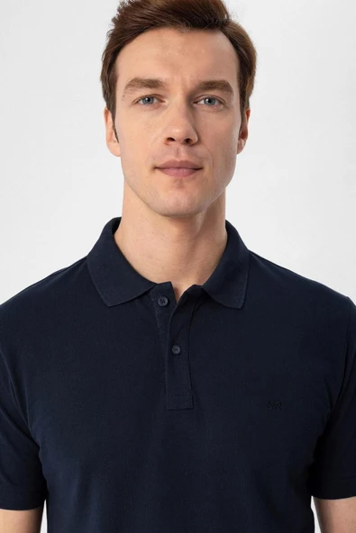 Polo Yaka Regular Kalıp Lacivert Armürlü Tişört - 7