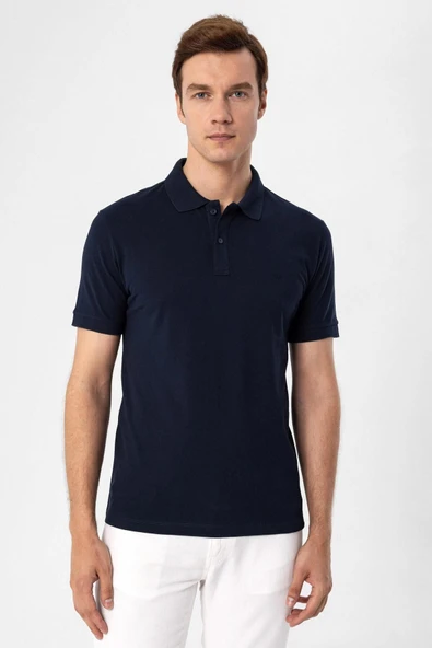 Polo Yaka Regular Kalıp Lacivert Armürlü Tişört - 2