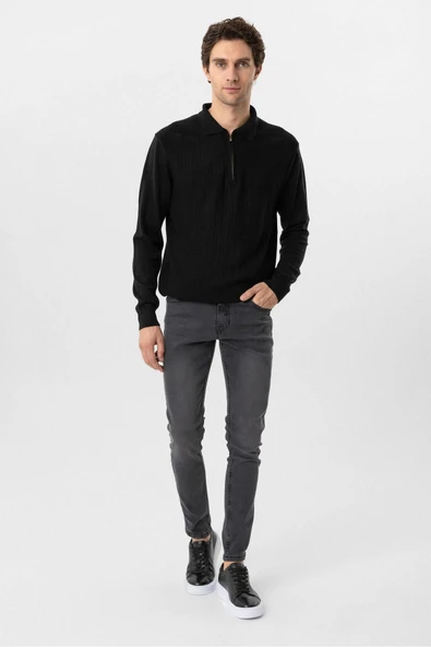 Süvari Rahat Kalıp Fermuarlı Armür Desenli Siyah Triko - 3