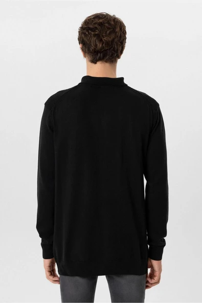 Süvari Rahat Kalıp Fermuarlı Armür Desenli Siyah Triko - 4