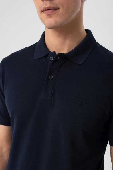 Polo Yaka Regular Kalıp Lacivert Armürlü Tişört - 8