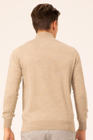 Süvari Yün Akrilik Düz Yarım Balıkçı Bej Erkek Triko - 3
