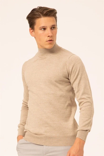 Süvari Yün Akrilik Düz Yarım Balıkçı Bej Erkek Triko - 2