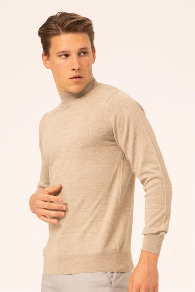 Süvari Yün Akrilik Düz Yarım Balıkçı Bej Erkek Triko - 4