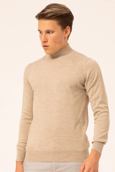 Süvari Yün Akrilik Düz Yarım Balıkçı Bej Erkek Triko