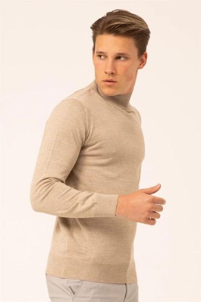Süvari Yün Akrilik Düz Yarım Balıkçı Bej Erkek Triko - 5