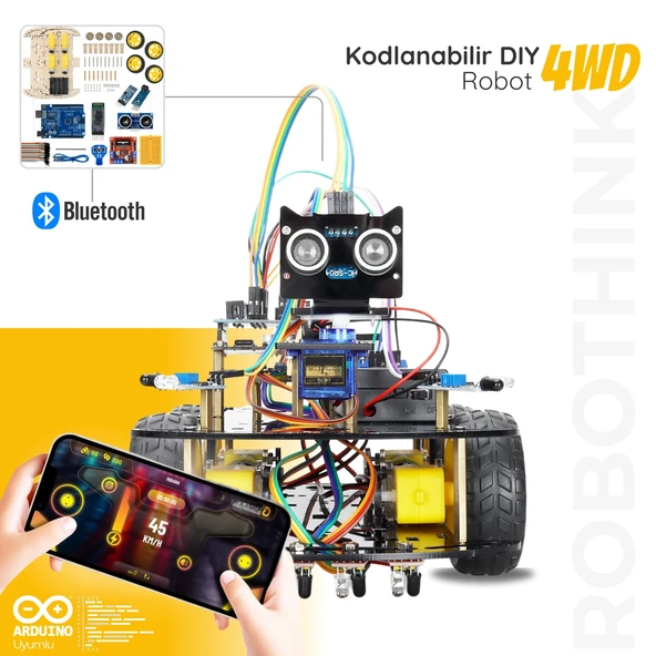 Arduino Uyumlu 4 Teker Robot Araba Kodlama Seti 4WD-BLE (Kutulu ve E-Kitaplı)