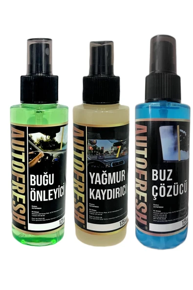 AutoFresh Kışlık 3'lü Oto Bakım Sprey Set Buğu Önleyici Buz Cözücü Yağmur Kaydırıcı 3x125ml