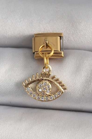 316L Çelik Gold Renk Sallantı Zirkon Taşlı Göz Model Nomination Charm - TJ-BC1198