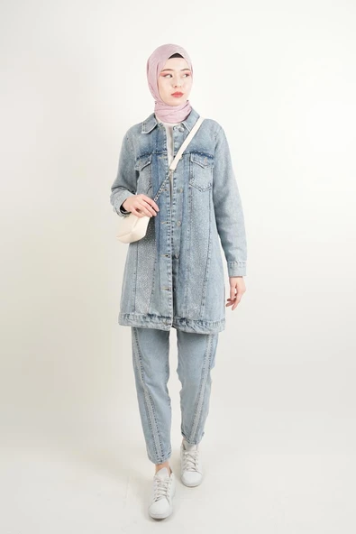 Denim Ceket Ön Taş Detaylı Araboy Ceket  Üst Cepli Mavi