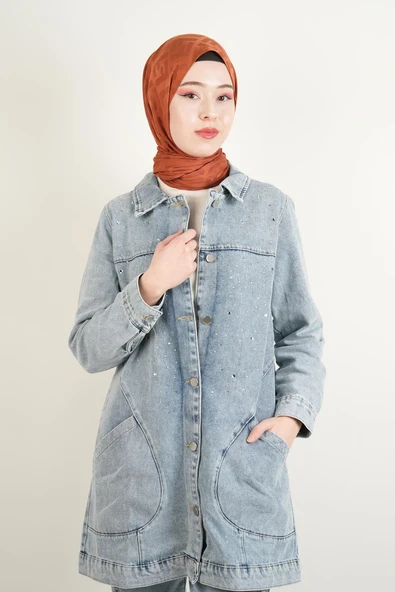 Denim Ceket Ön Taş Detaylı Araboy Ceket Alt Cepli Mavi