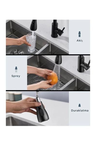 Spiralli Evye Bataryası Mat Siyah Uzayan Çekmeli Musluk Tazzik ve Duşlama Özellikli Armatür - 3