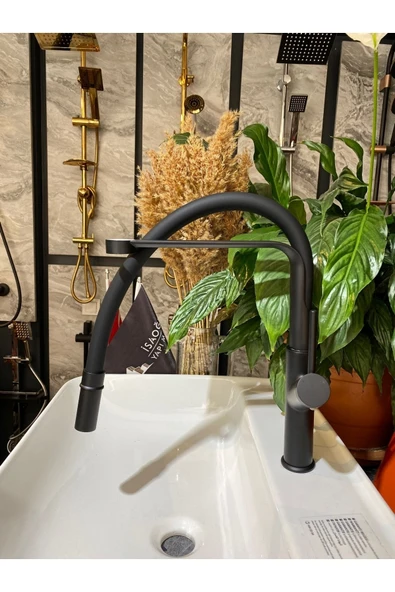 Siyah Mutfak Bataryası Siyah Evye Musluğu Uzayan Sistem Modern Tasarım 5 Yıl Garantili - Resim 6