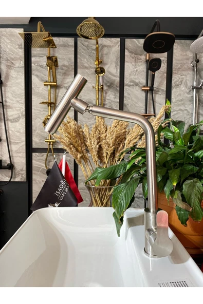 Inox Oynar Başlıklı Mutfak Bataryası Uzayan Evye Musluğu Teleskopik Hareketli Batarya - Resim 2