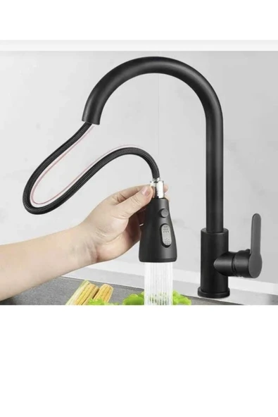 Spiralli Mutfak Bataryası Mat Siyah Evye Musluğu Uzayan Sistem Batarya - Resim 3