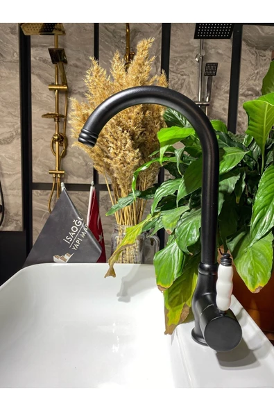 Mat Siyah Mutfak Bataryası Siyah Evye Musluğu Porselenli Luxury Rustik Batarya Siyah Musluk ürün görseli