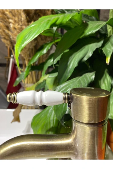 Mat Gold Lavabo Bataryası Antik Lavabo Bataryası Altın Lavabo Musluğu Porsalen Vintage Tasarım - 2