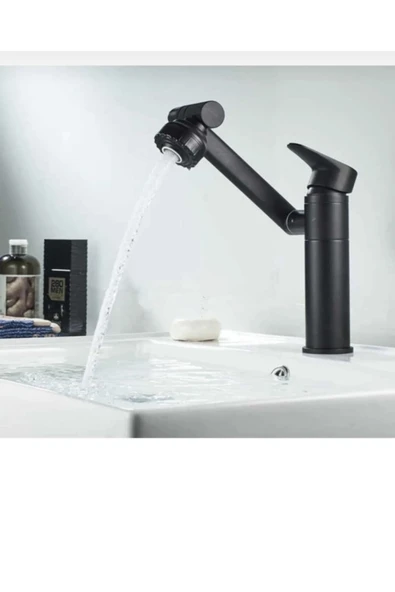 Siyah Lavabo Bataryası 360 Derece Hareketli Lavabo Musluğu Su Tazzik ve Basınç Ayarlı Batarya - 5