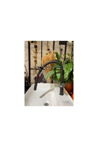 Siyah Mutfak Bataryası Siyah Evye Musluğu Uzayan Sistem Modern Tasarım 5 Yıl Garantili - Resim 3