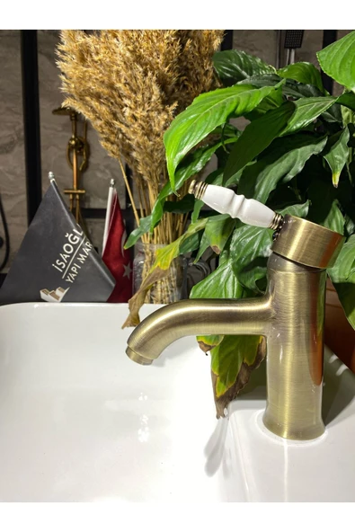 Mat Gold Lavabo Bataryası Antik Lavabo Bataryası Altın Lavabo Musluğu Porsalen Vintage Tasarım - 3