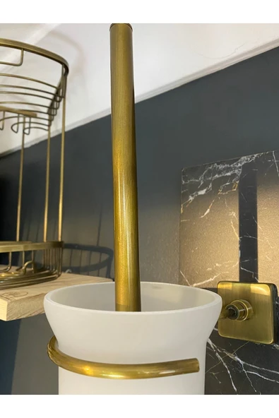 Mat Gold Tuvalet Fırçası Antik Gold Tuvalet Fırçalık Komple Pirinç Paslanmaz - Resim 3