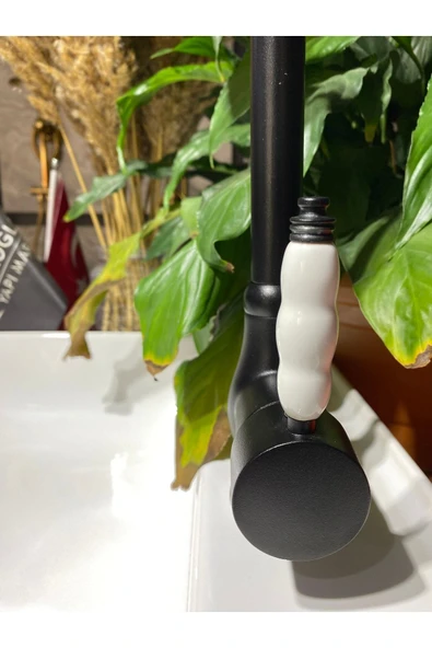 Mat Siyah Mutfak Bataryası Siyah Evye Musluğu Porselenli Luxury Rustik Batarya Siyah Musluk - Resim 3