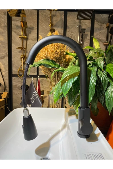 Spiralli Mutfak Bataryası Mat Siyah Uzayan Evye Musluğu Tazzik ve Basınç Ayarlı Batarya - Resim 3