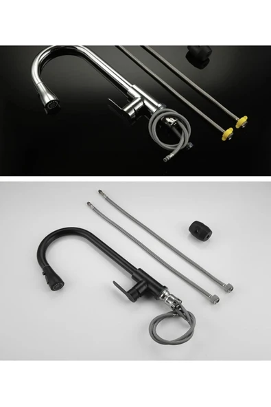 Spiralli Mutfak Bataryası Mat Siyah Evye Musluğu Uzayan Sistem Batarya - Resim 2