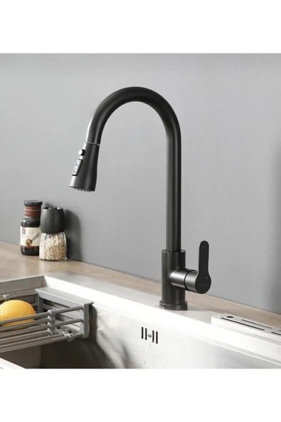 Spiralli Mutfak Bataryası Mat Siyah Evye Musluğu Uzayan Sistem Batarya ürün görseli