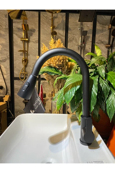 Spiralli Mutfak Bataryası Mat Siyah Uzayan Evye Musluğu Tazzik ve Basınç Ayarlı Batarya ürün görseli