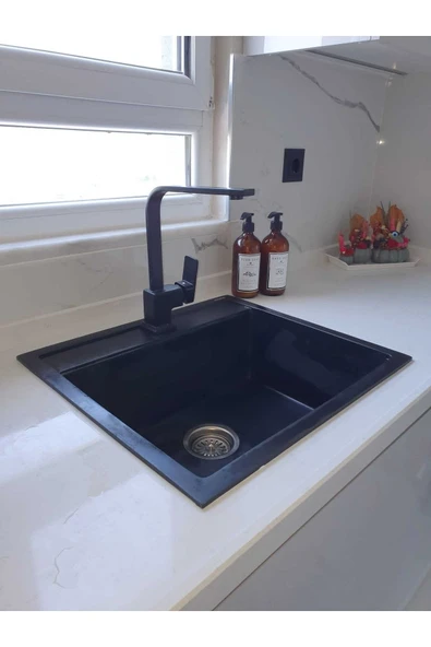 Mat Siyah Mufak Bataryası Siyah Evye Musluğu Kare Tasarım Mutfak Bataryası - Resim 2