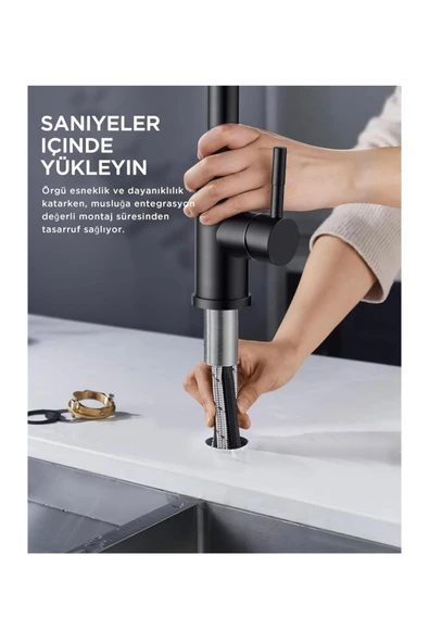 Spiralli Evye Bataryası Mat Siyah Uzayan Çekmeli Musluk Tazzik ve Duşlama Özellikli Armatür - 4