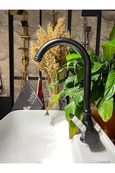 Mat Siyah Mutfak Bataryası Siyah Evye Musluğu Porselenli Luxury Rustik Batarya Siyah Musluk - Resim 2